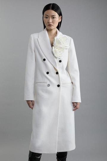 Wool Blend Rosette Detailed Double Breasted Tailored Maxi Coat ivory