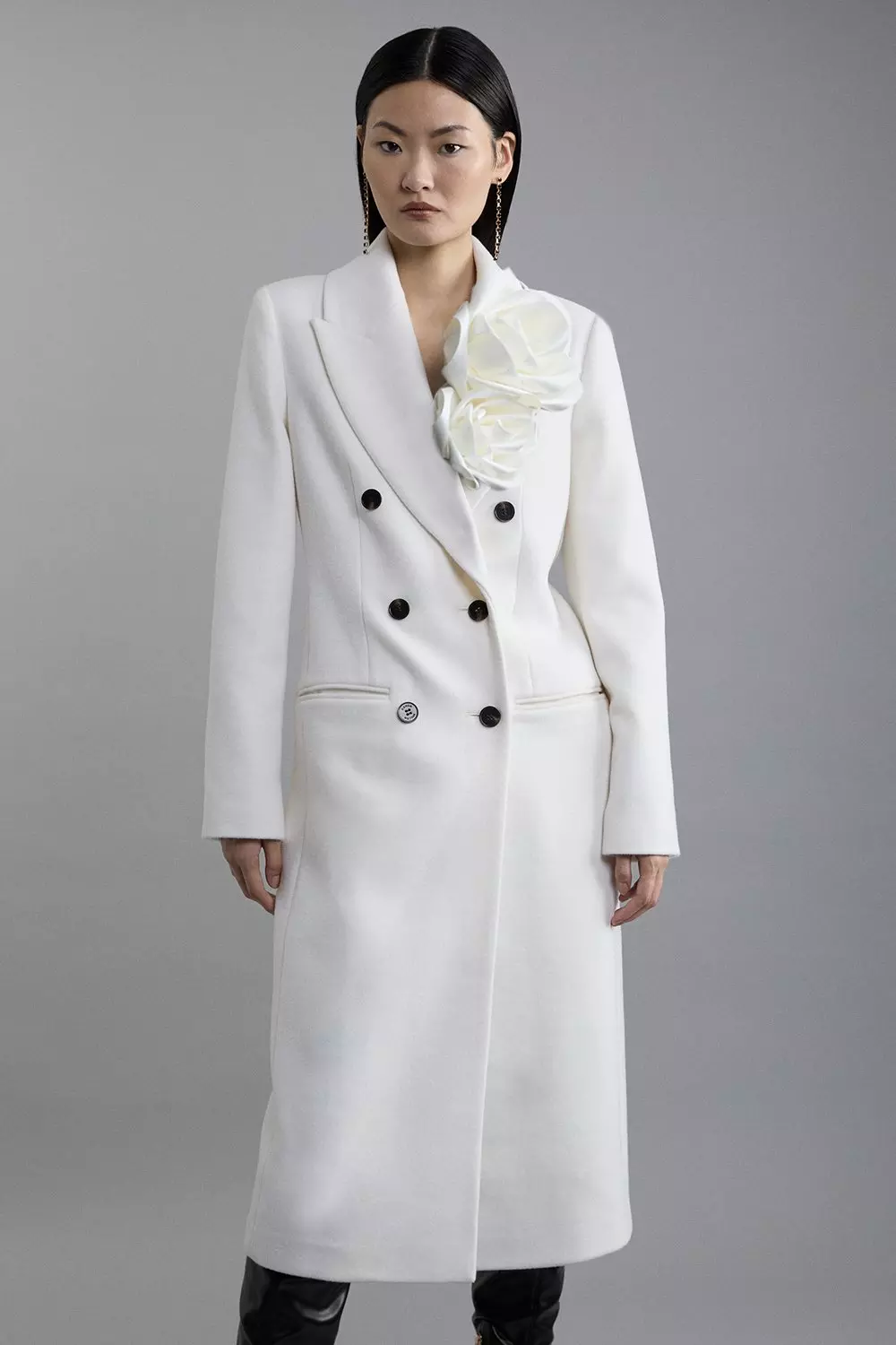 Wool Blend Rosette Detailed Double Breasted Tailored Maxi Coat Karen Millen