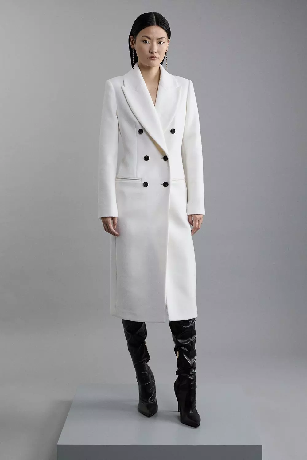 Wool Blend Rosette Detailed Double Breasted Tailored Maxi