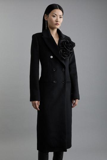 Wool Blend Rosette Detailed Double Breasted Tailored Maxi Coat black