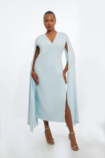 Blue Plus Size Viscose Satin Back Crepe Tailored V Neck Maxi Cape Dress