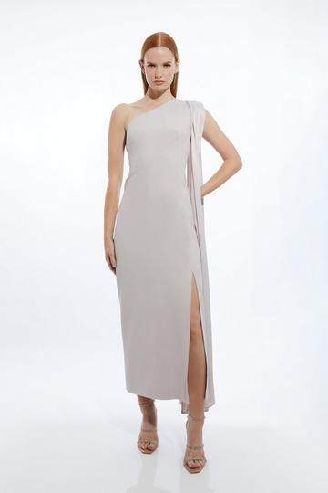 Petite Viscose Satin Back Crepe Tailored One Shoulder Cape Maxi Dress silver