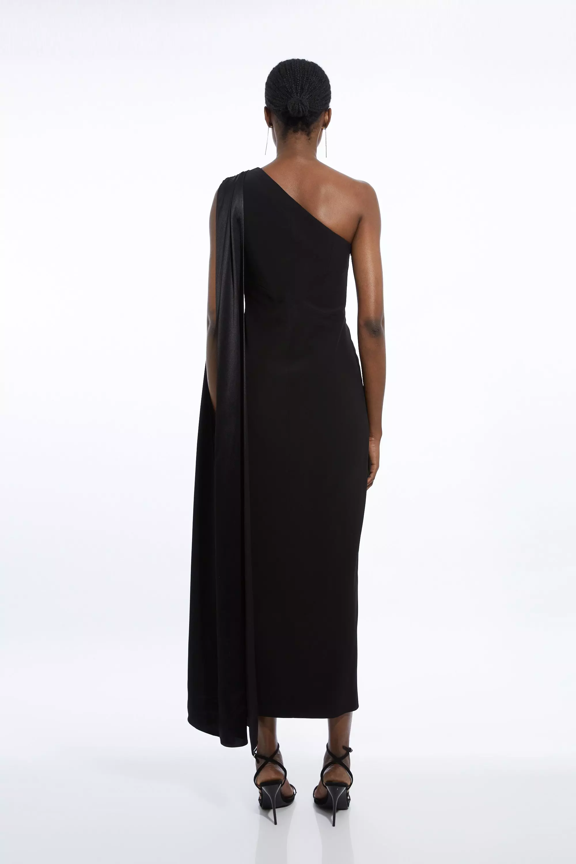 Viscose Satin Back Crepe Tailored One Shoulder Cape Maxi