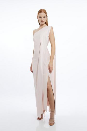 Viscose Satin Back Crepe Tailored One Shoulder Cape Maxi Dress blush