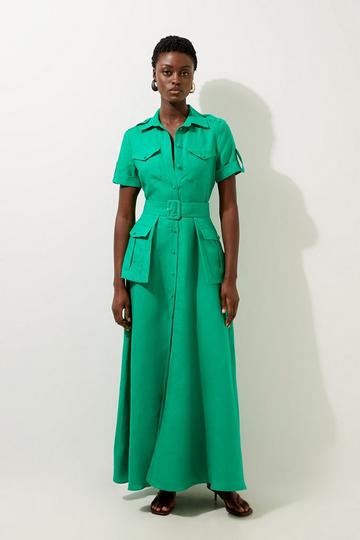 Green Premium Linen Tailored Utility Shirt Tailored Midi Dress