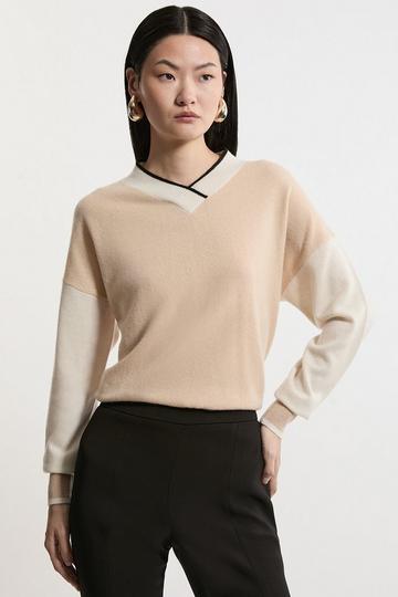 Cashmere Knitted V Neck Contrast Wrap Sweater camel