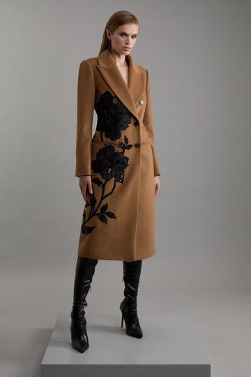 Wool Blend Taffeta Applique Embellished Double Breasted Tailored Midi Coat camel