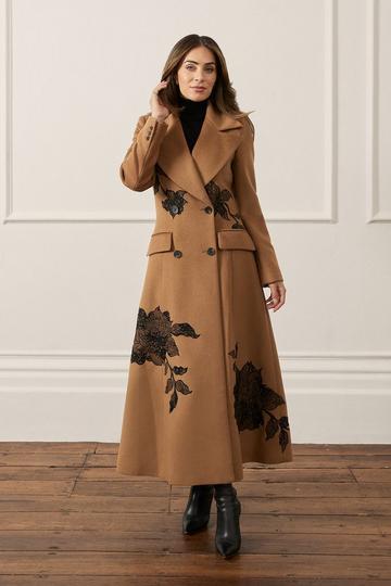 Lydia Millen Wool Blend Placed Lace Embroidered Flared Skirt Tailored Midaxi Coat camel