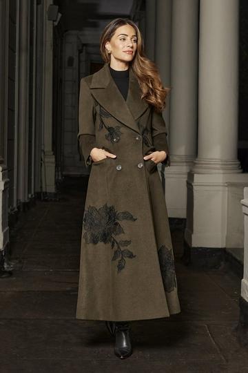 Lydia Millen Wool Blend Placed Lace Embroidered Flared Skirt Tailored Midaxi Coat khaki