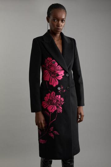 Black Wool Blend Satin Applique Embellished Double Breasted Tailored Midi Coat