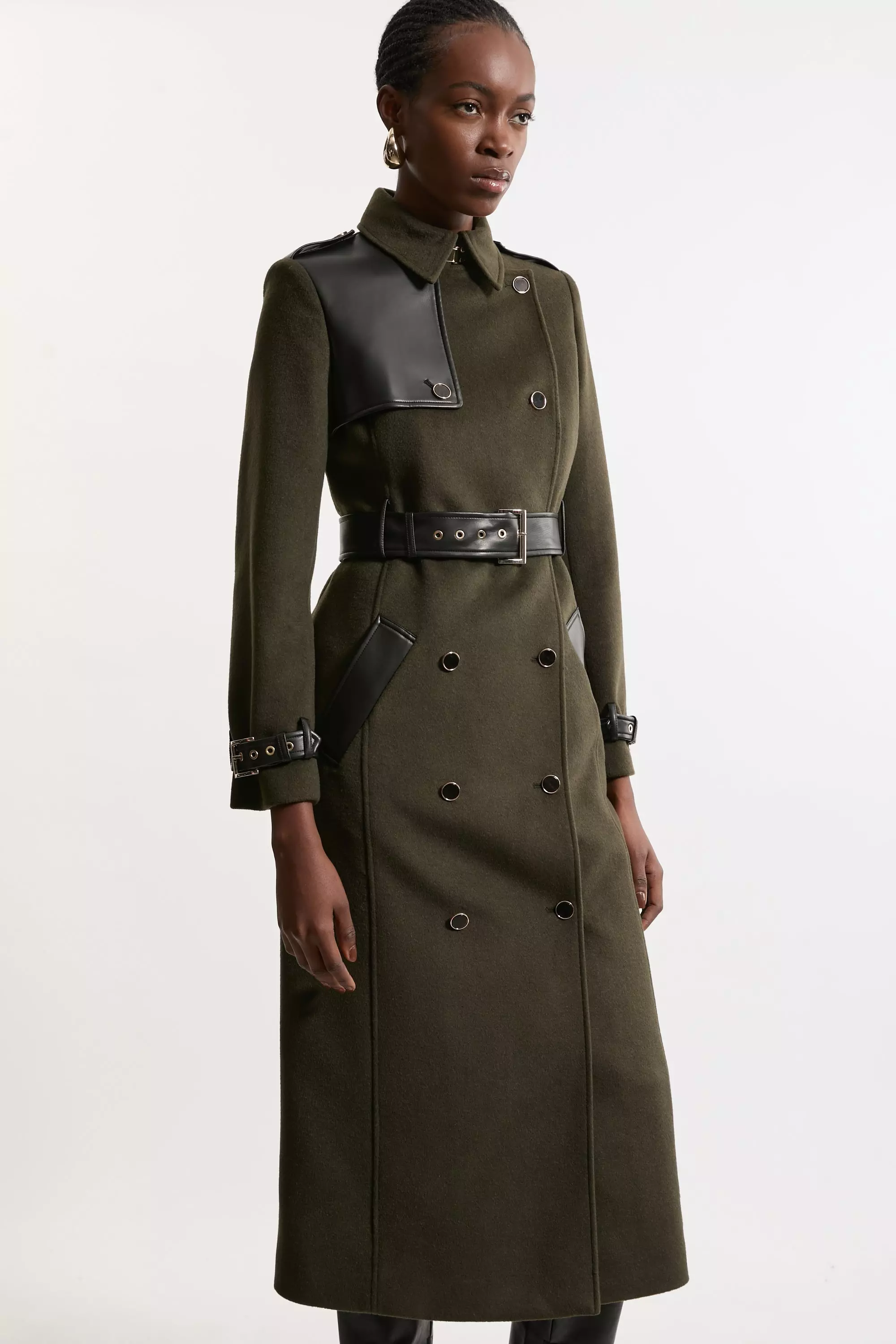 Petite Wool Blend Pu Trim Belted Tailored Coat Karen Millen