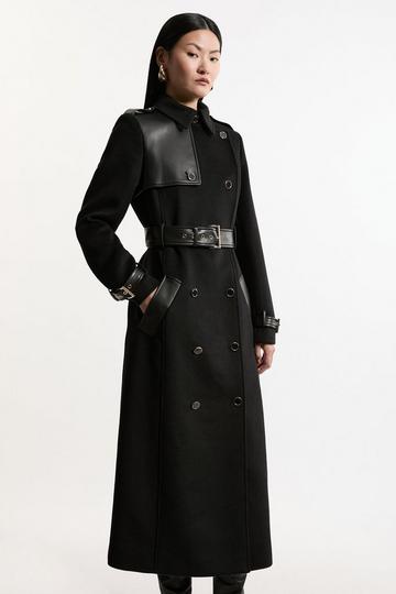 Wool Blend Faux Leather Trim Belted Double Breasted Tailored Midi Coat black