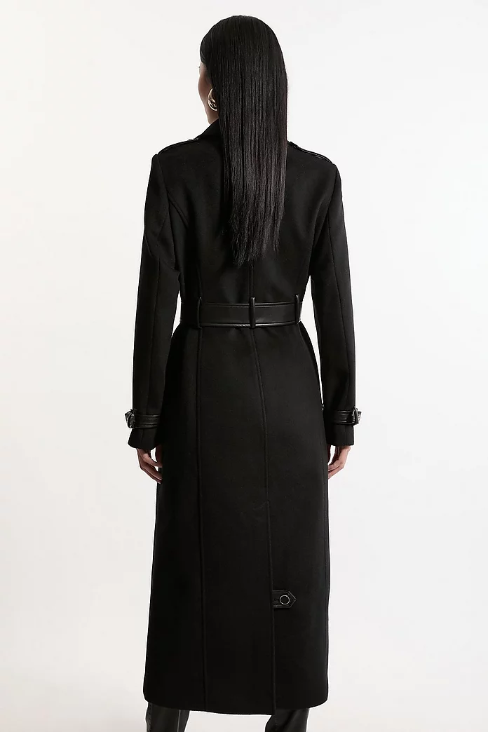 Wool Blend Pu Trim Belted Tailored Midi Coat | Karen Millen Wool Blend Pu Trim Belted Tailored Midi Coat | Karen Millen