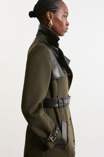 Wool Blend Pu Trim Belted Tailored Midi Coat khaki