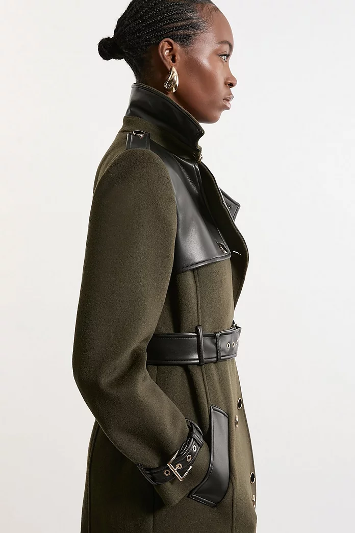 Wool Blend Pu Trim Belted Tailored Midi Coat | Karen Millen Wool Blend Pu Trim Belted Tailored Midi Coat | Karen Millen