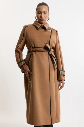 Plus Size Wool Blend Pu Trim Belted Tailored Double Breasted Coat camel