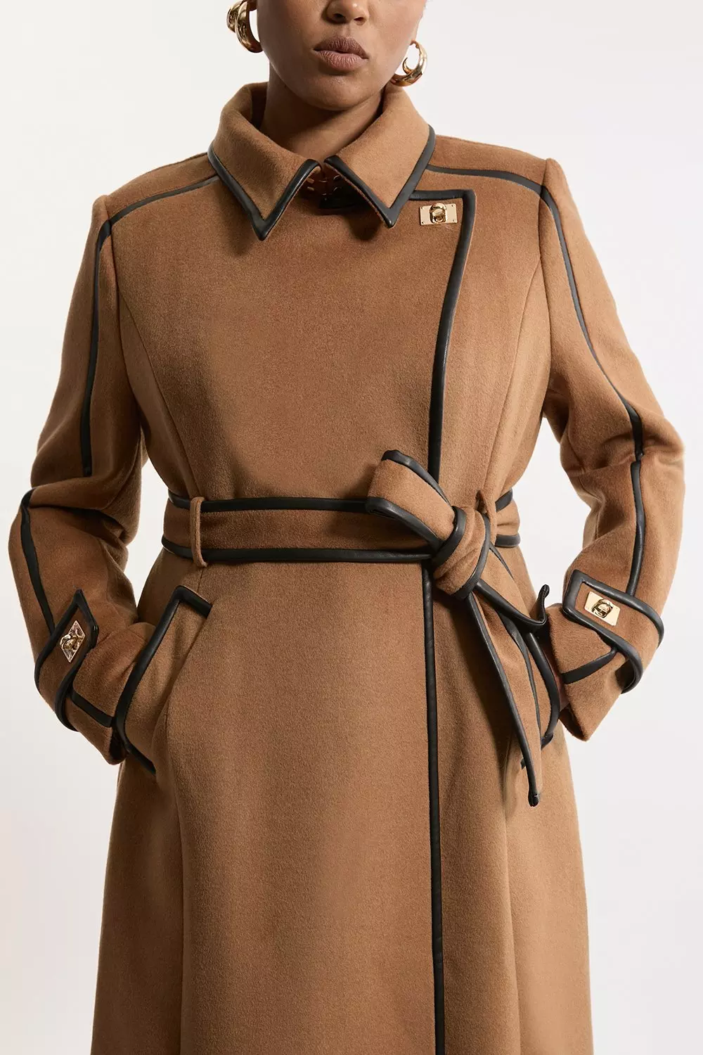 Wool coat with leather trim top