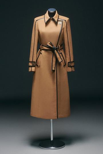 Wool Blend Pu Trim Belted Tailored Double Breasted Midi Coat camel