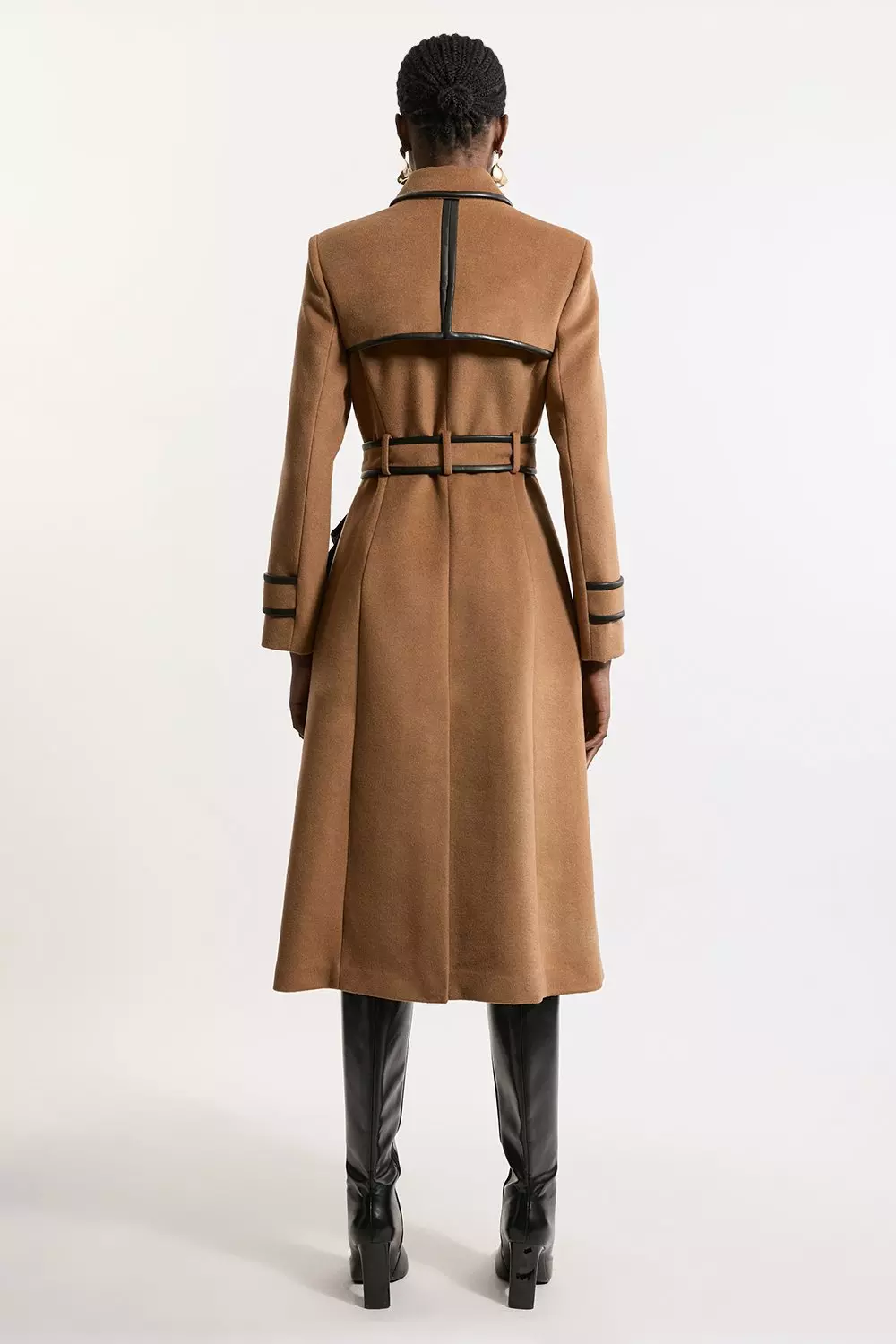 Wool Blend Pu Trim Belted Tailored Double Breasted Midi Coat Karen Millen