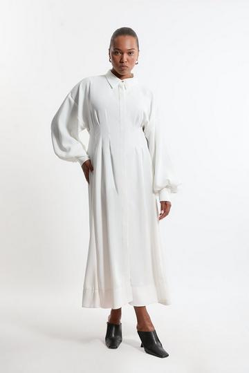 Plus Size Compact Stretch Viscose Long Sleeve Woven Maxi Shirt Dress ivory