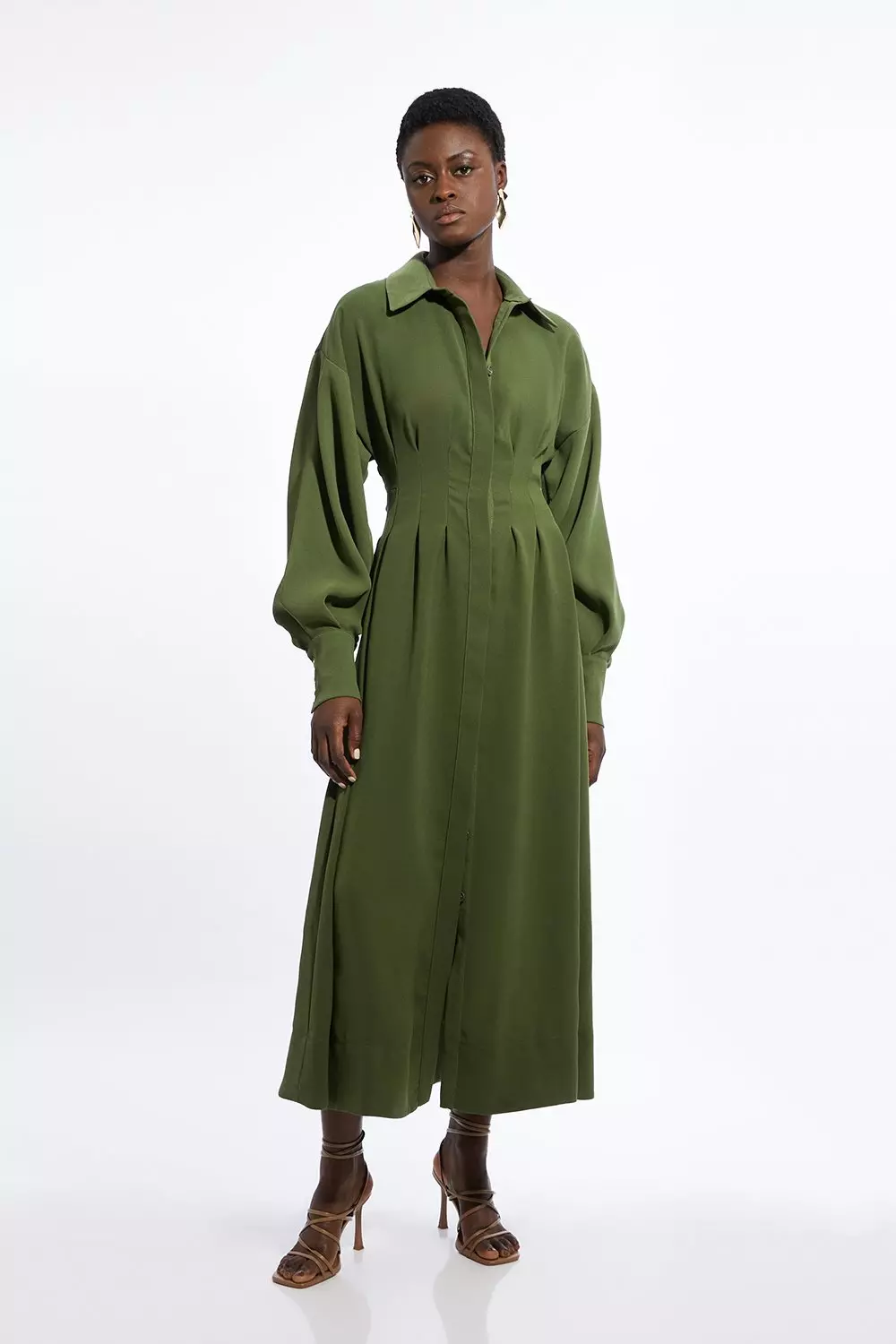 Khaki Petite Compact Stretch Viscose Long Sleeve Woven Maxi Shirt Dress alternative image