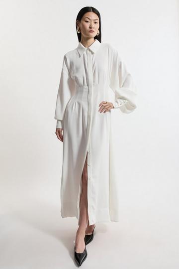 Compact Stretch Viscose Long Sleeve Woven Maxi Shirt Dress ivory