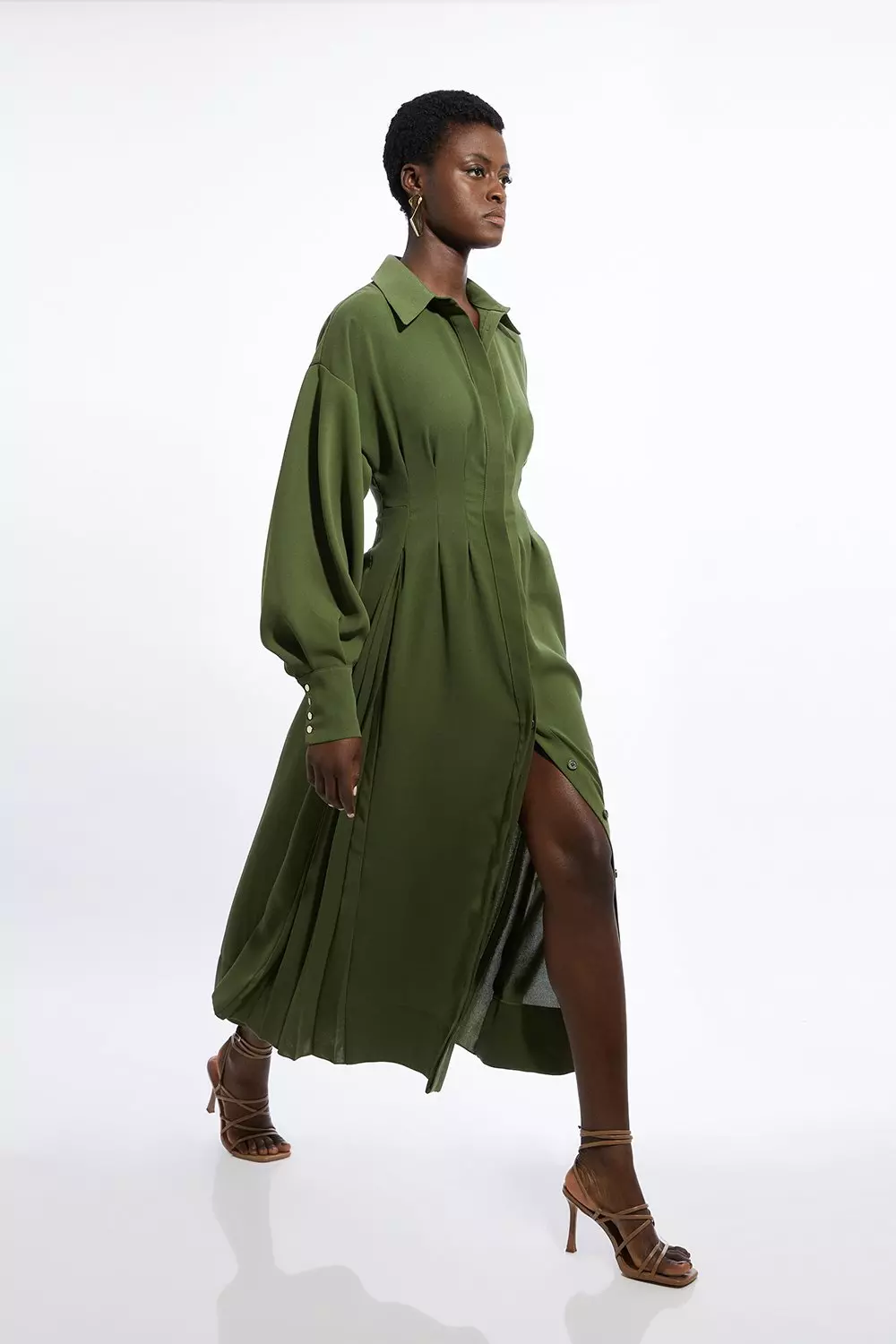 Karen Millen Womens Compact Stretch Viscose Long Sleeve Woven Maxi Shirt Dress Khaki Green Size 6