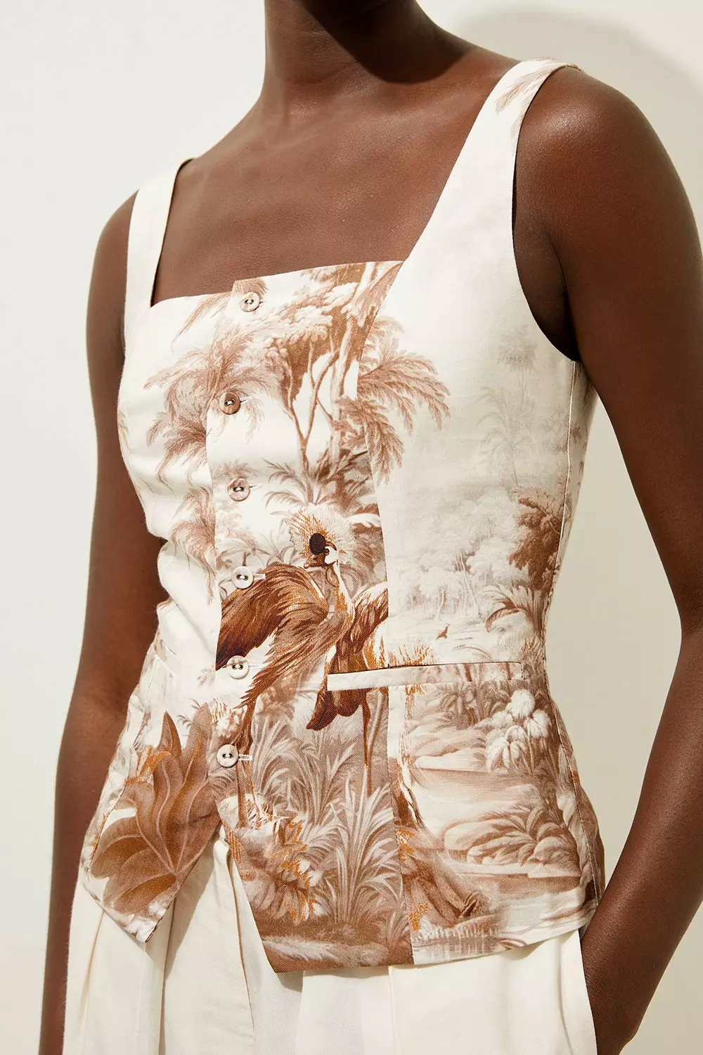 Viscose Linen Scenic Placed Print Strappy Top | Karen Millen