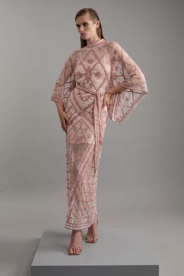 Crystal Embellished Kimono Sleeve Woven Maxi Dress blush