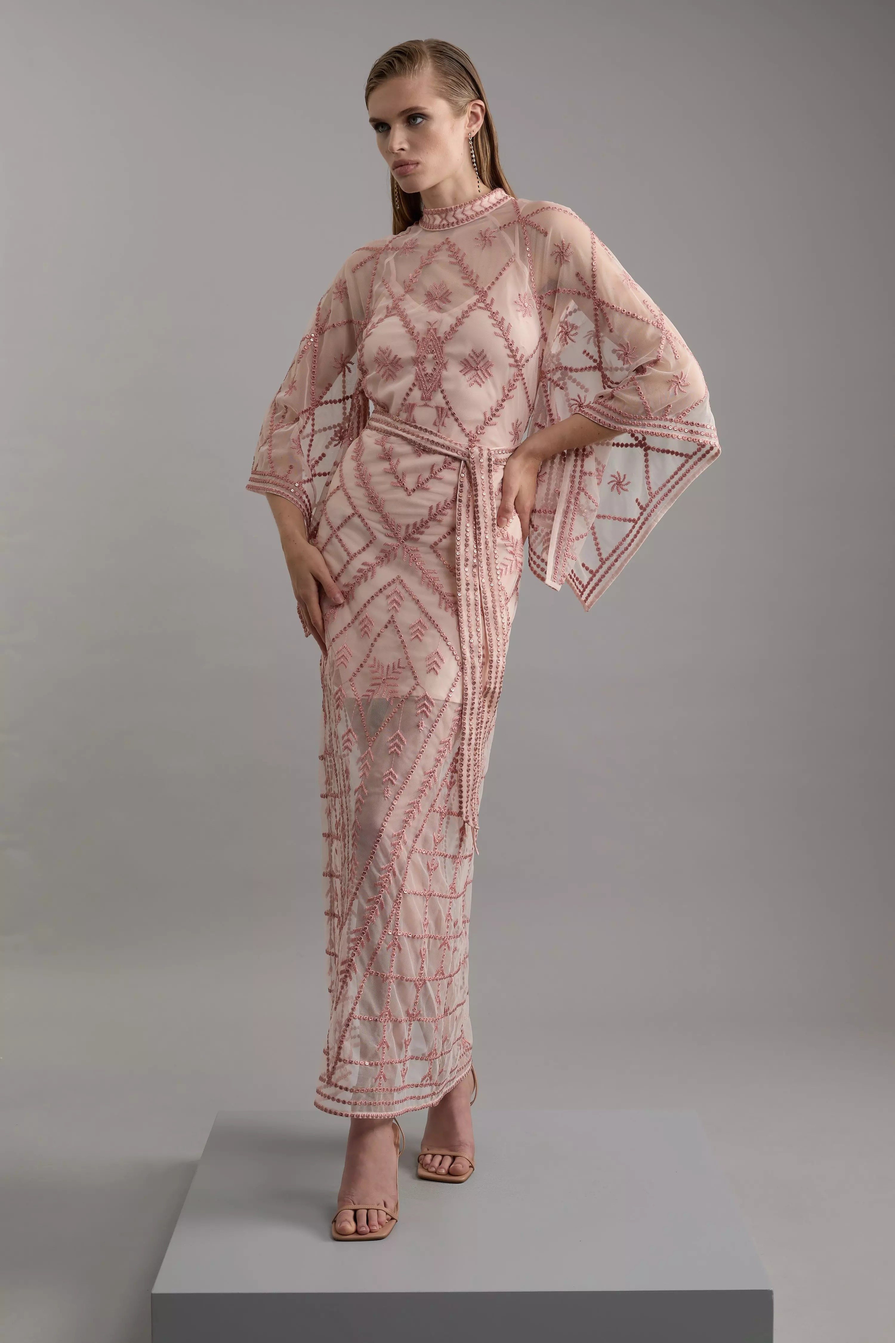 Crystal Embellished Kimono Sleeve Woven Maxi Dress | Karen