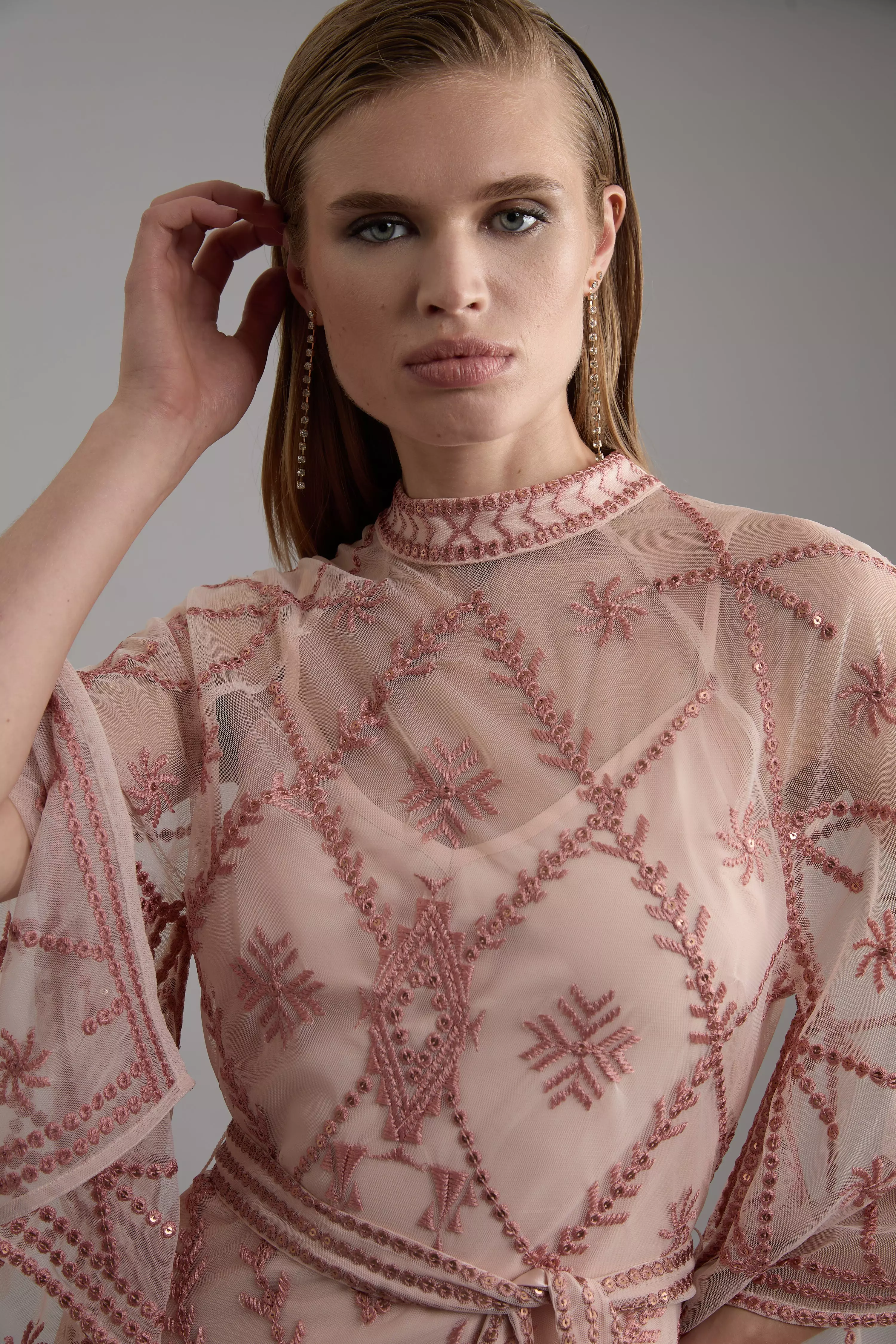 Crystal Embellished Kimono Sleeve Woven Maxi Dress | Karen