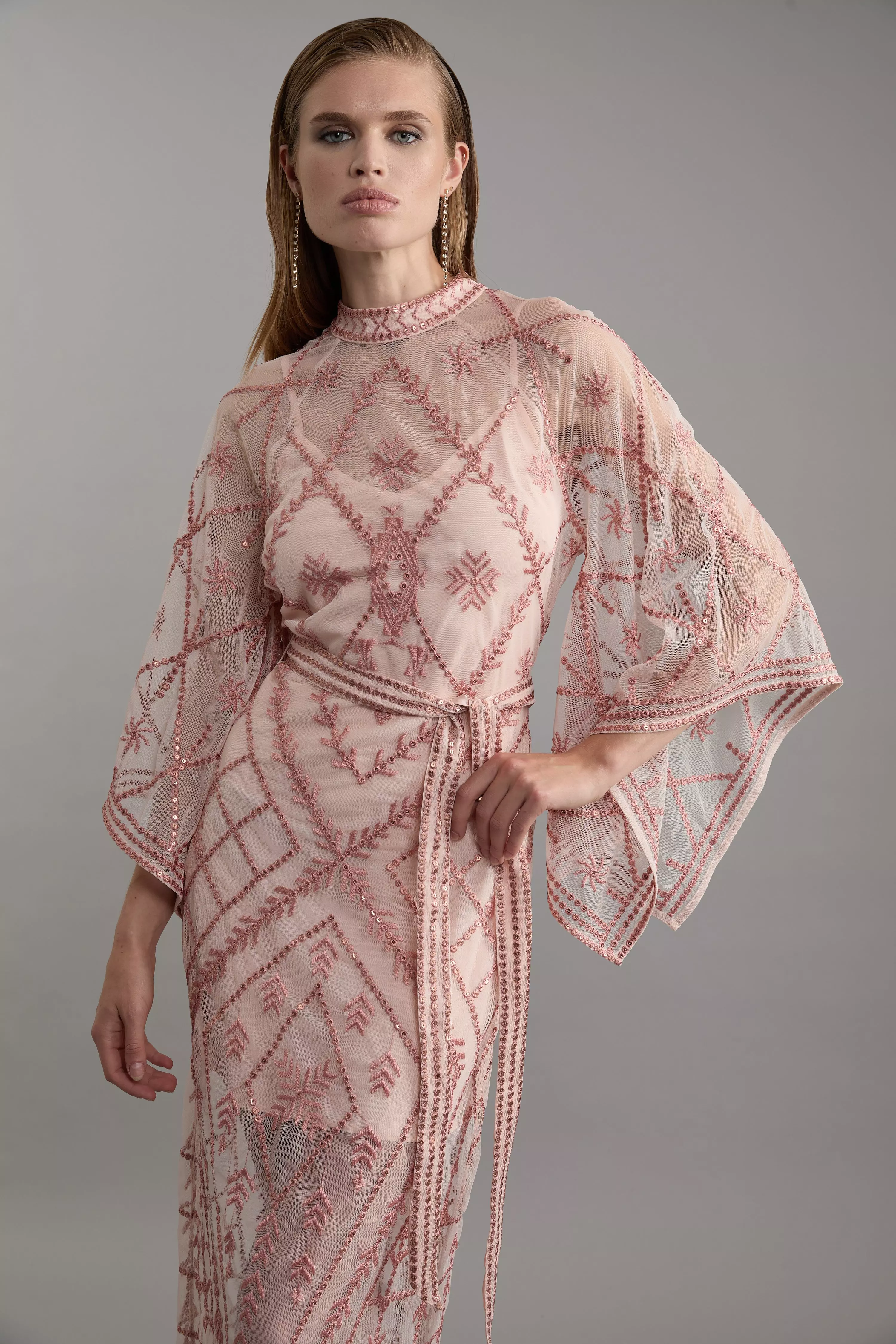 Crystal Embellished Kimono Sleeve Woven Maxi Dress Karen Millen