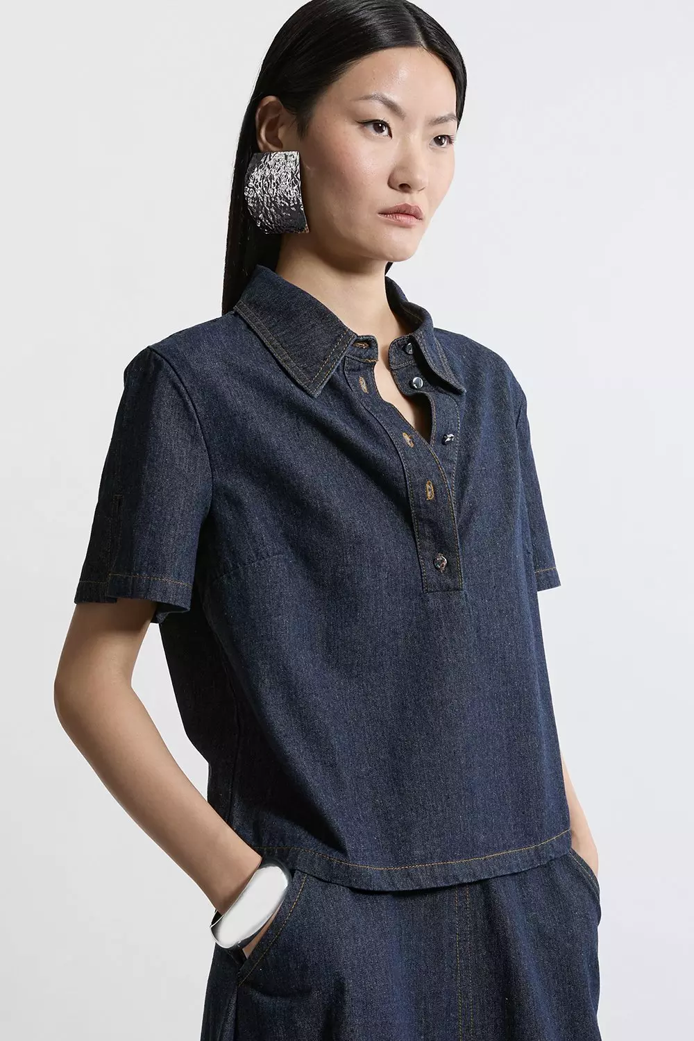 Denim Short Sleeve Button Shirt | Karen Millen
