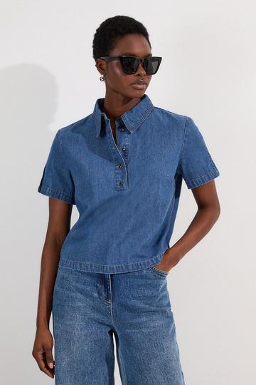 Denim Short Sleeve Button Shirt mid blue