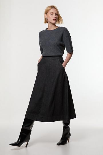 Black Denim Full Midi Skirt