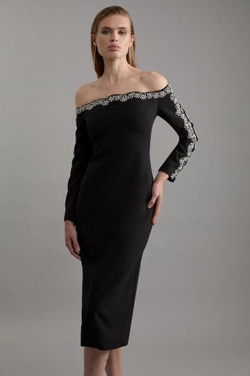 Black Crystal Embellished Scalloped Bardot Tailored Midaxi Dress