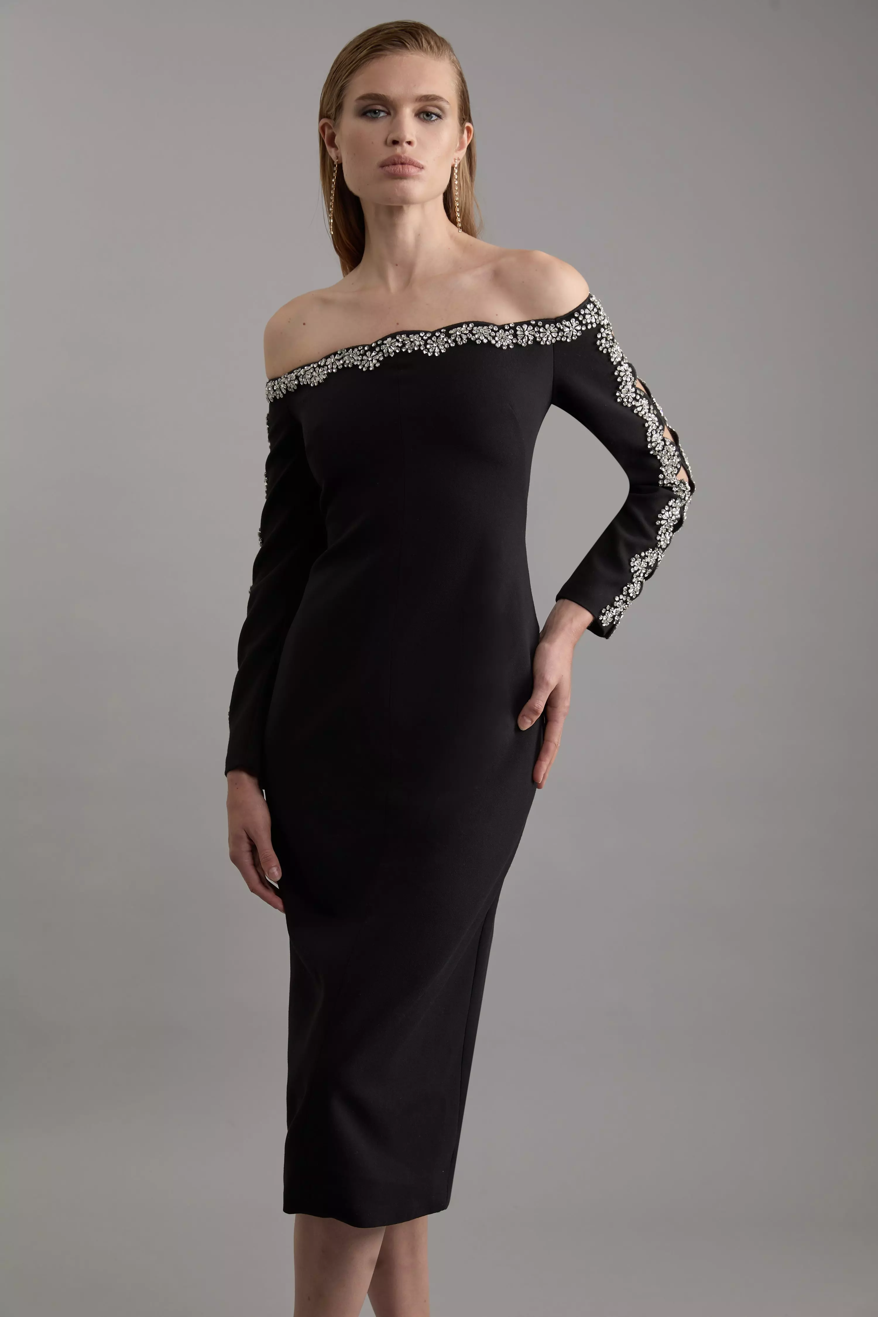 Crystal Embellished Scalloped Off The Shoulder Tailored
