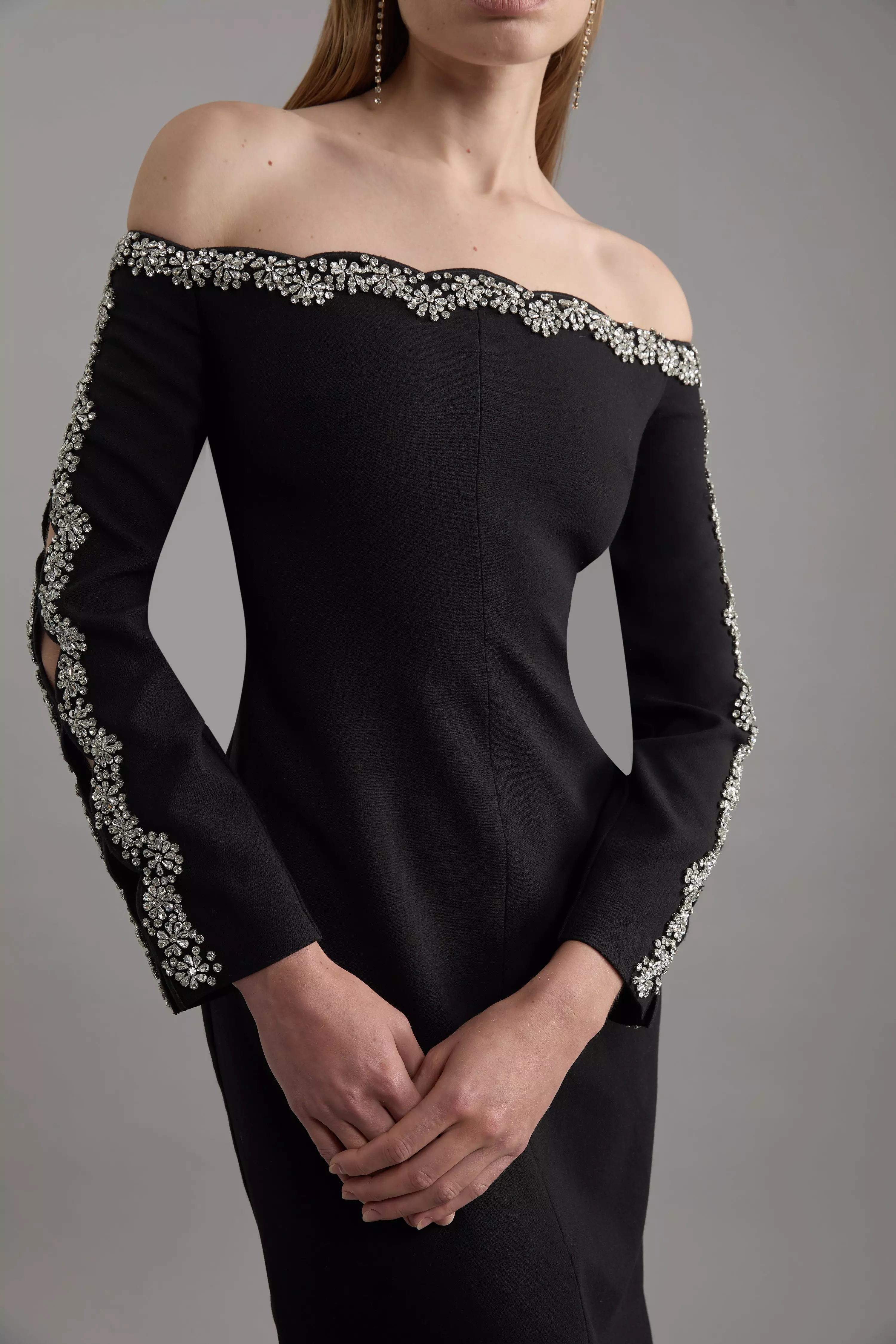 Crystal Embellished Scalloped Off The Shoulder Tailored