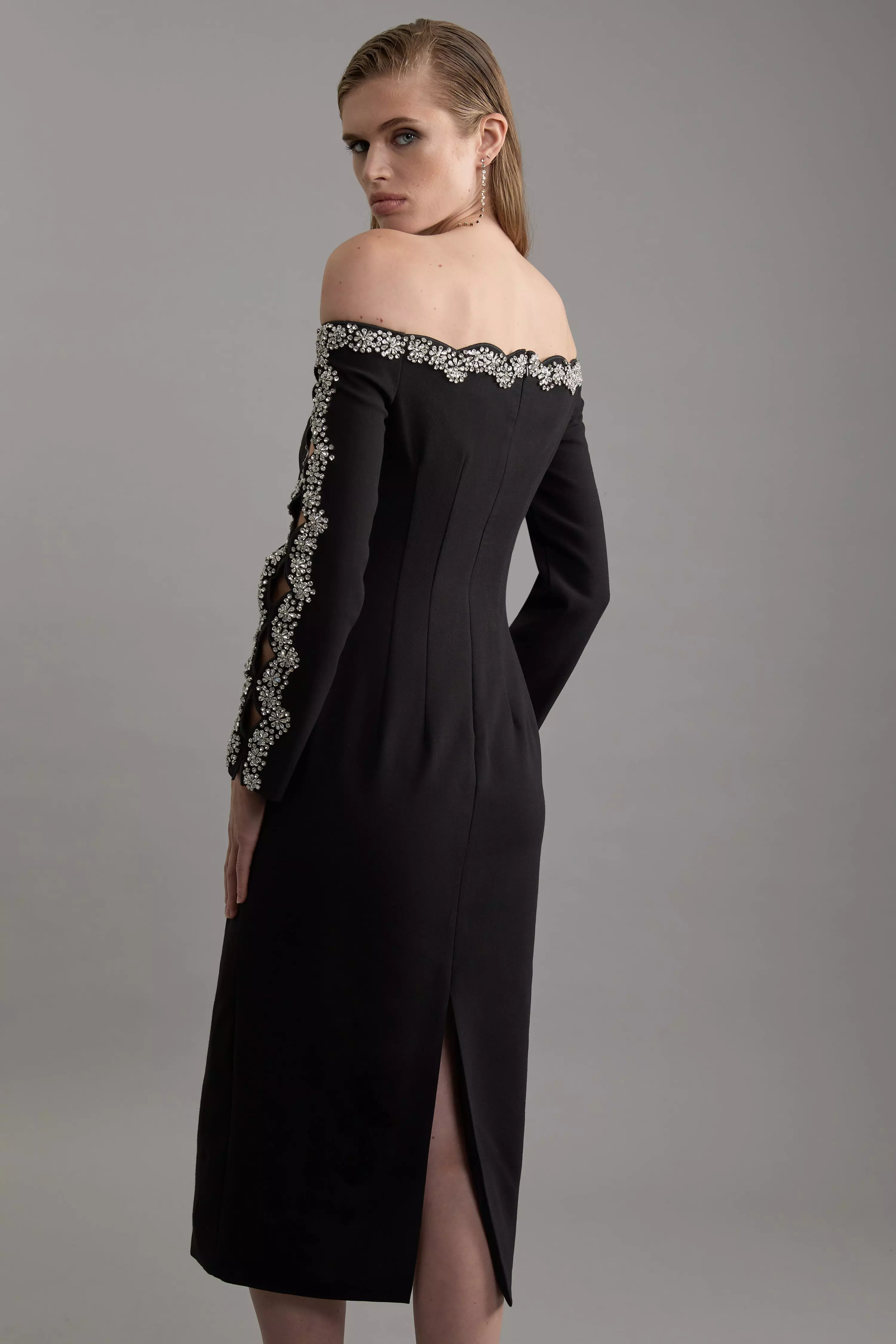Karen Millen☆クリスタル装飾 テーラード ミダクシドレス Crystal Embellished Scalloped Off The Shoulder Tailored