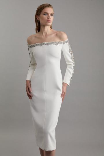 Crystal Embellished Scalloped Off The Shoulder Tailored Midaxi Dress ivory