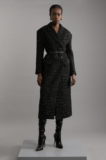 Metallic Texture Check Darted Waist Midaxi Tailored Coat black