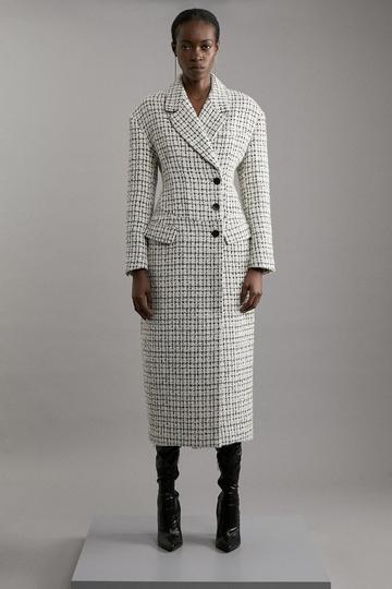 Metallic Texture Check Darted Waist Midaxi Tailored Coat ivory