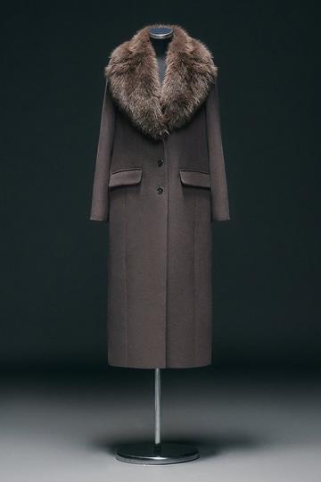 Wool Blend Fur Trim Collar Tailored Midi Coat mushroom