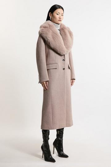 Wool Blend Fur Trim Collar Tailored Midi Coat taupe