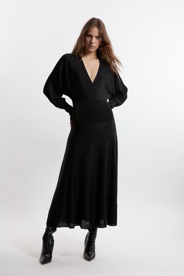 Black Slinky Viscose Wrap Collared Knit Midaxi Dress