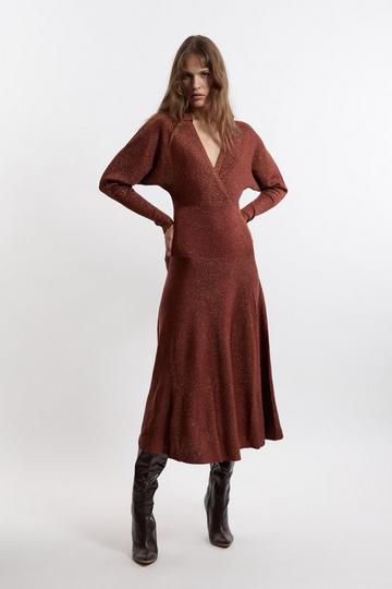 Slinky Viscose Wrap Collared Knit Midaxi Dress toffee