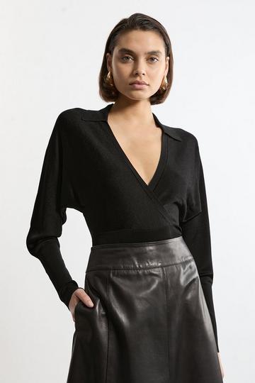 Slinky Viscose Wrap Collared Knit Top black