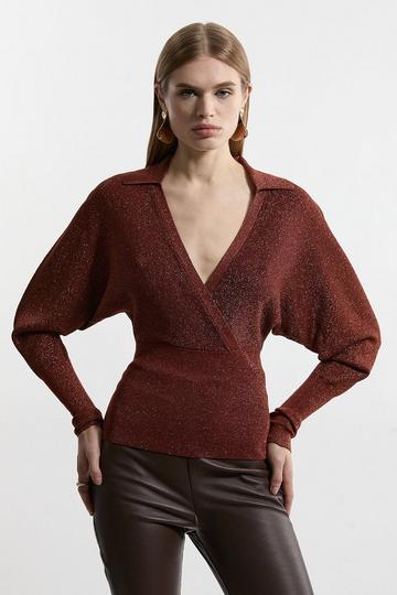 Slinky Viscose Wrap Collared Knit Top toffee