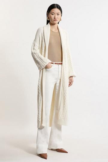 Petite All Over Cable Knit Shawl Collar Longline Belted Coatigan ivory