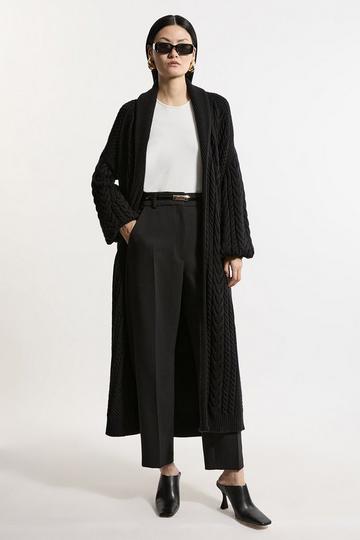 All Over Cable Knit Shawl Collar Longline Belted Coatigan black